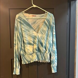 Elegant Sky Blue Tie-Dye V-Neck Blouse